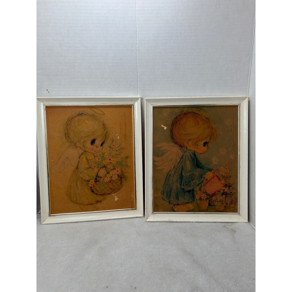 Hallmark Little Angel Framed Print Set Vintage White Gold Cherub Nursery Decor